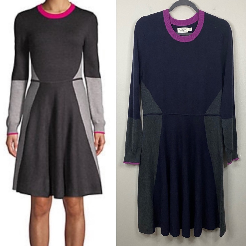 Eliza J Contrast A-Line Sweater Dress in Navy and Purple Size Large